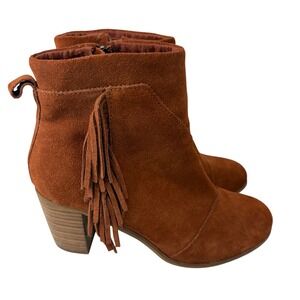 TOMS Womens 6.5 Brown Suede Ankle Boots Fringe Tassel Block Heel